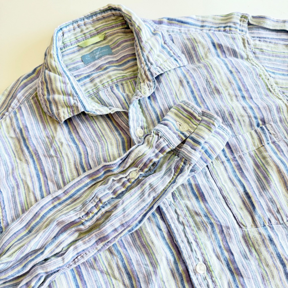 Toscana‎ Aqua Women Blue Green Striped 100% Linen Button Down Shirt Long Sleeve